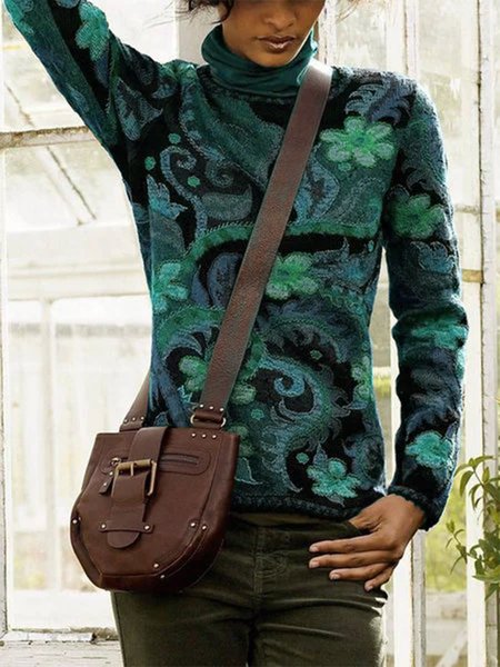 

Black-Green Floral Cotton-Blend Long Sleeve Sweater, Olive green, Sweaters