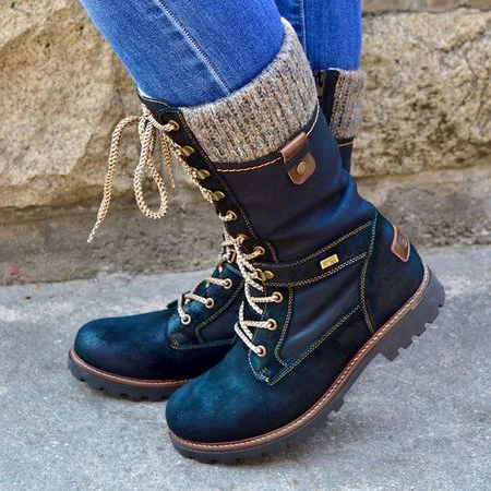 

Women Lace-Up Flat Heel Round Toe Boots Mid-Calf Winter Fall, Blue, Boots