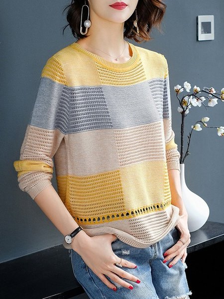 

Knitted Striped Long Sleeve Crew Neck Sweater, Yellow, Sweaters