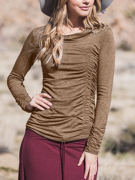 

Casual Cotton-Blend Cowl Neck Top, Khaki, Tops