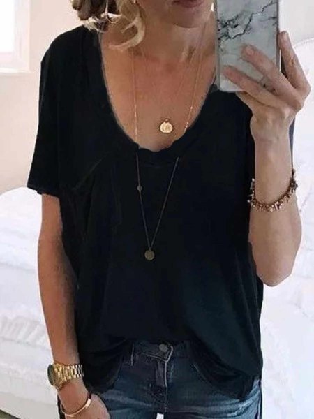 

zolucky Short Sleeve V Neck Casual Shirts & Tops, Black, Blouses & Shirts