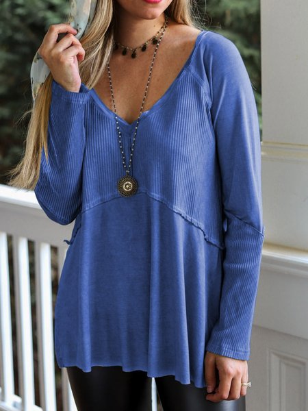 

Cotton-Blend Paneled Long Sleeve Top, Blue, Shirts & Blouses