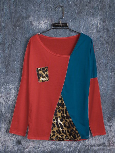 

Long Sleeve Cotton Leopard Print Asymmetric T-Shirts, Light blue, T-Shirts