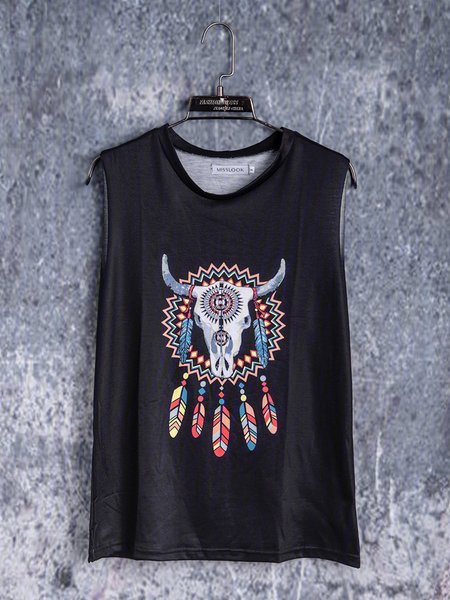 

Round Neck Sleeveless Bull Head Print Casual Top, Black, Tanks & Camis
