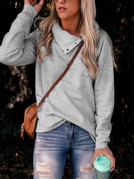 

Cowl Neck Cotton Plain Vintage Sweater, Gray, Pullovers