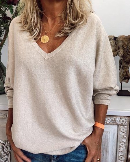

Casual V Neck Long Sleeve Sweater, Beige-1, Hoodies&Sweatshirts