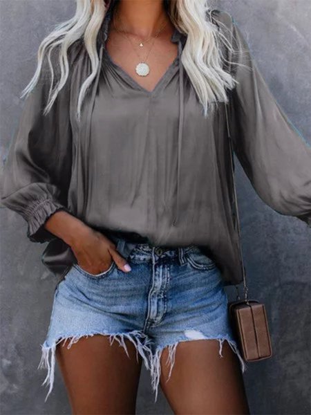 

Casual V Neck Long Sleeve Solid Shirt, Gray, Tops