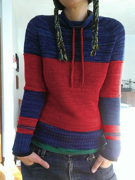 

Women Color-Block Drawstring Necklline Vintage Winter Tops, Red, Sweaters