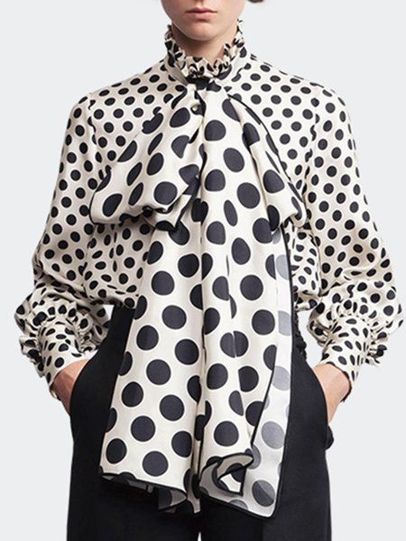 

Polka Dots Bow Stand Collar Printed Work Blouse, White-black, Blouses and Shirts