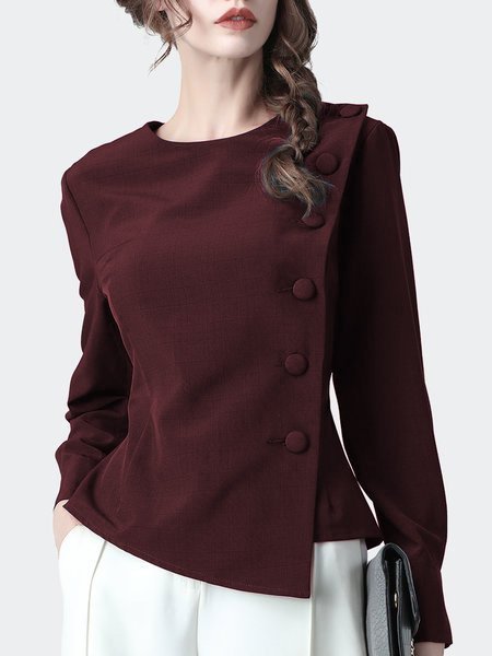 

Navy Blue Casual Buttoned Asymmetric Blouse, Burgundy, Blouses and Shirts