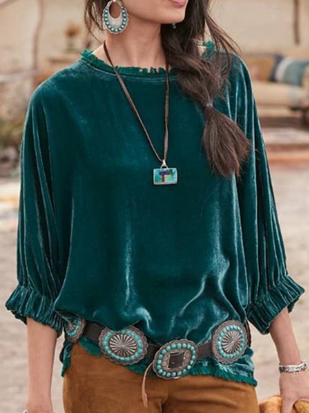 

Camicetta in Pelle Scamosciata Finta a Maniche Lunghe, Blu, Blouses & Shirts