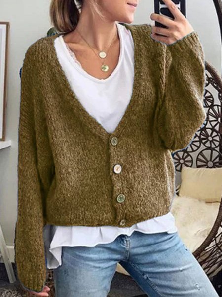

Giacca di Misto Cotone con Maniche Lunghe Tinta unita con Scollo a V, Marrone, Cardigans