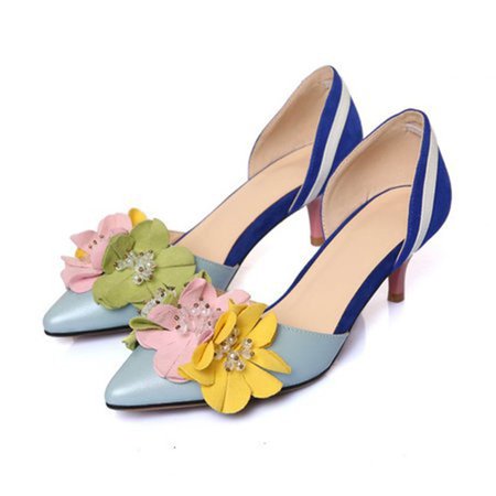 

Leather Kitten Heel Color Block Flower Shoes, Blue, Heels