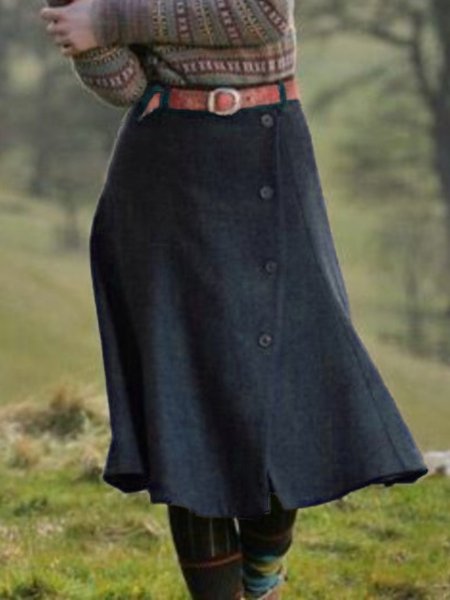 

Solid Buttoned Casual Skirt, Blue, Skirts