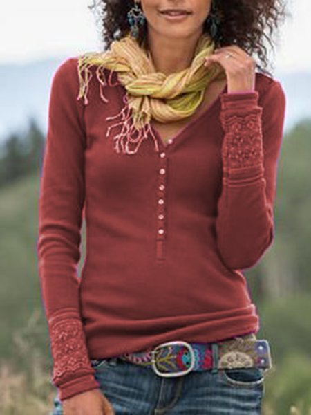 

Top da Donna con Maniche Lunghe Cotone con Scollo a V, Vino rosso, Tops