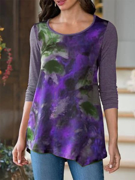 

Abstract Crew Neck Cotton Long Sleeve Tops, Blue, Tops