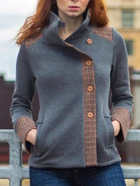 

Plus size thick warm side Buttoned Casual Outerwear, Gray, Jackets& Coats