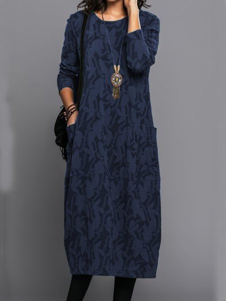 

Casual Floral-Print Vintage Knitting Dress, Blue, Casual Dresses