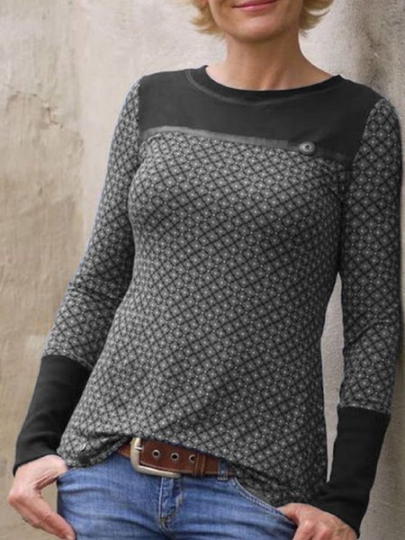 Round Neck Long Sleeve Casual Cotton Blend Top