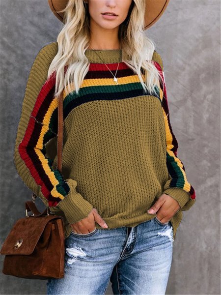 

Stripes Knitted Crew Neck Long Sleeve Sweater, Khaki, Sweaters