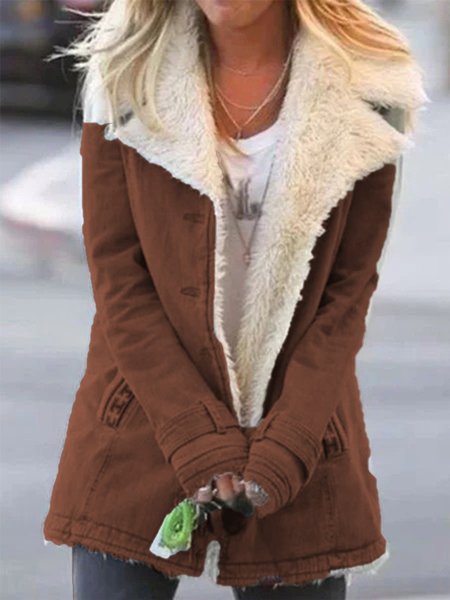 

Plain Turn-Down Collar Buttoned Long Sleeve Outwear, Brown, Coats