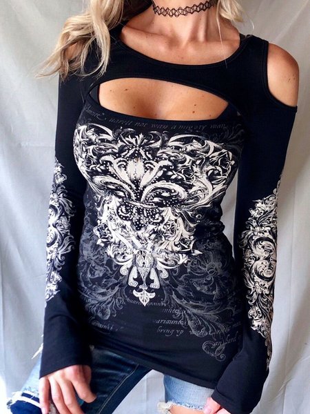 

Black Printed Long Sleeve Knitted T-shirt, Tops