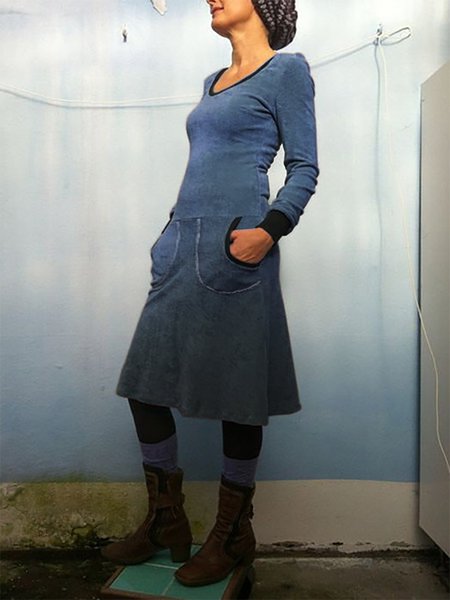 

Abito A-line Cotone a Girocollo a Maniche Lunghe, Blu, Dresses