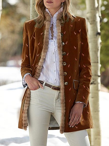 

Women Long Sleeve Stand Collar Outerwear, Coffee, Outerwear