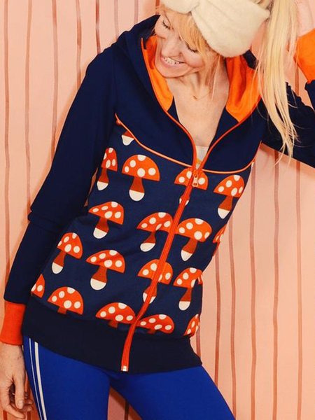 

Mushroom Printed Casual Cotton-Blend Hoodie Outerwear, Orange, Outerwear