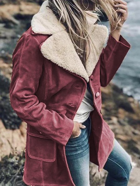 

Vintage Plain Turn-down Collar Long Sleeve Pockets Outwear, Red, Coats