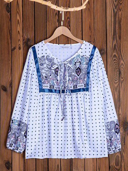 

Floral Long Sleeve Floral-Print V Neck Tops, Light blue, Shirts & Blouses