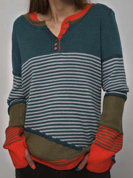 

Striped Buttoned Color-block Knitted Top, Red, Sweaters & Cardigans