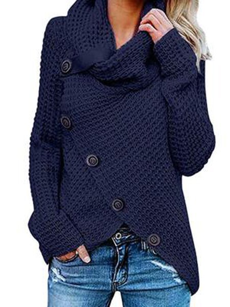 

Maglione Casuale dolcevita Asimmetrico Abbottonato Tinta unita con Maniche Lunghe, Blu marino, Blouses & Shirts