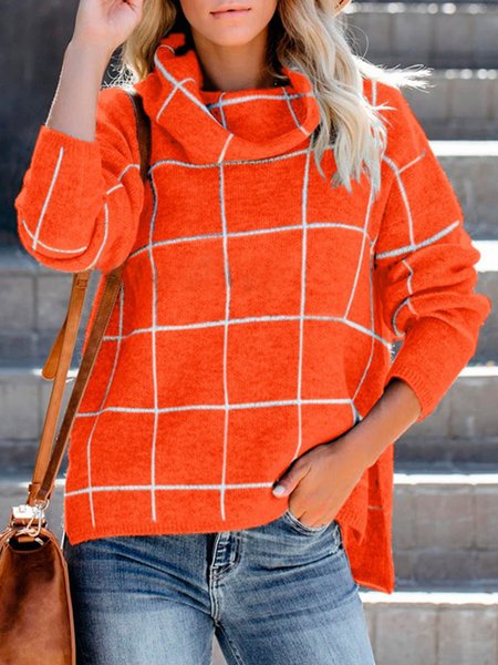 

Acrylic Cowl Neck Checkered/plaid Long Sleeve Sweater, Orange, Sweaters & Cardigans