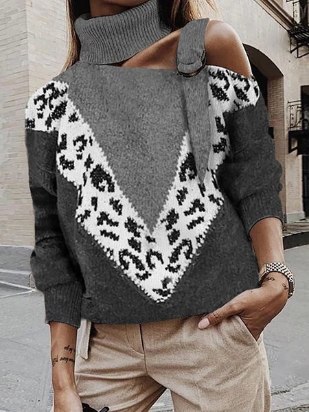 One Shoulder Knitted Sweater Plus Size Pullover, Light gray, Sweaters