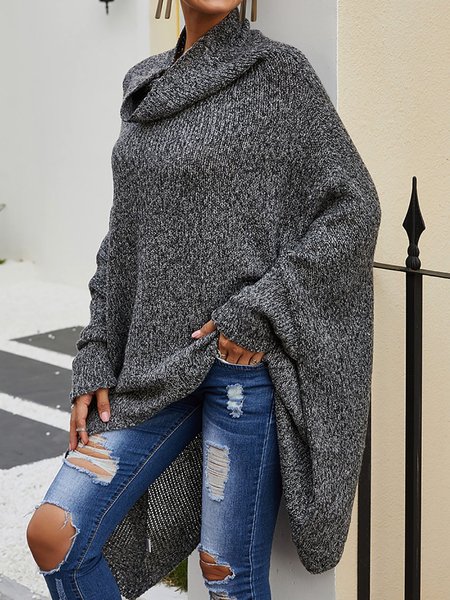 

Asymmetrical Hem Batwing Sleeve Tops Cow Neck Shirts, Deep gray, Sweaters