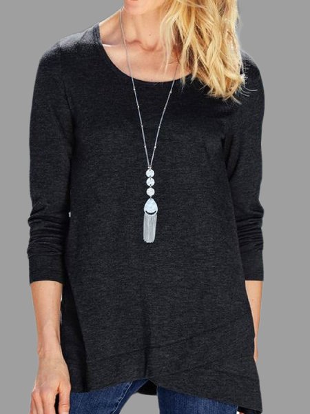 

Black Asymmetrical Long Sleeve Casual Cotton-Blend Shirts & Tops, Tops