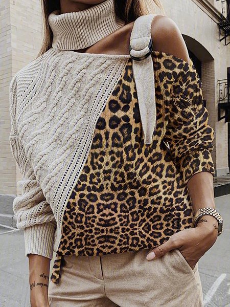 

Knitted Leopard Paneled Sweater Plus Size Pullover, Beige, Sweaters