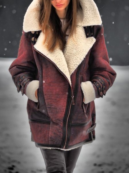

Women Winter Long Sleeve Faux Leather Coat, Red, Outerwear