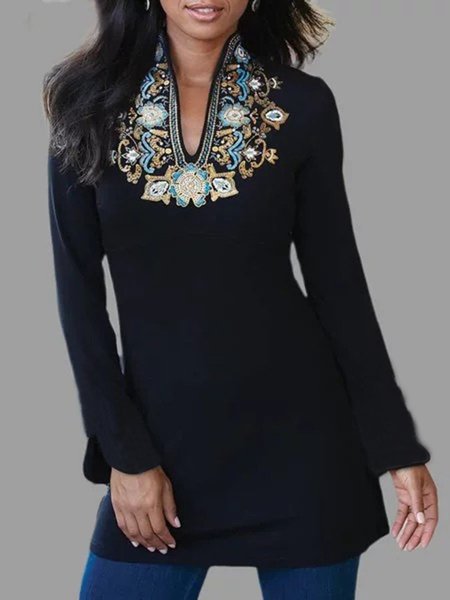 

Long Sleeve V Neck Printed Sexy Shirts & Tops, Black, Auto-Clearance