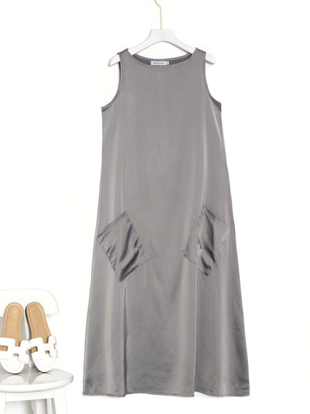 

Summer Maxi Pockets Dresses Women Plus Size Solid Sleeveless Crew Neck Dresses, Yellow, Casual Dresses