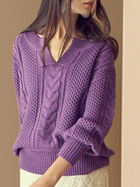 

Purple Solid V Neck Casual Knitted Sweater, Sweaters