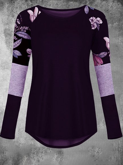 

Top Stampato Floreale a Maniche Lunghe a Girocollo Casuale, Viola, Blouses & Shirts