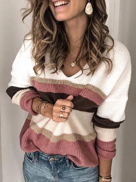 

Casual Striped V-neck Long Sleeve Sweatshirt, Pink, Sweaters