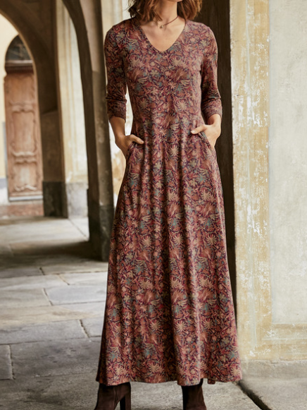 

Casual Floral V Neck Long Sleeve Dress, Red, Maxi Dresses