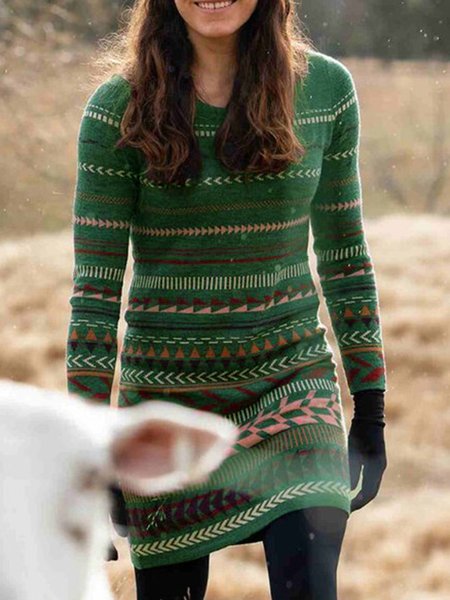 

Multicolor Cotton-Blend Long Sleeve Dresses, Green, Casual Dress