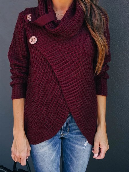 

Long Sleeve Solid Cotton Cowl Neck Sweater, Wine red, Sweaters