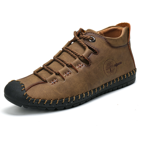 

Men Hand Stitching Comfy Soft Microfiber Leather Lace Up Ankle Boots, Khaki, Men Shoes