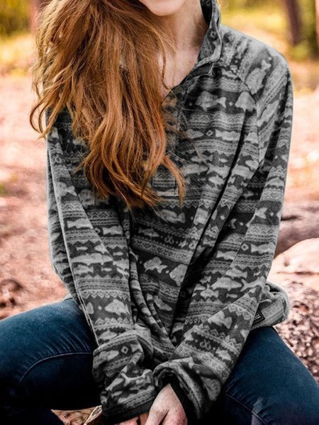 

Boho Aztec Pull Over Top, Gray, Tops