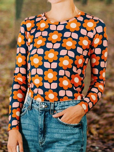 

Floral-Print Long Sleeve Casual Shirts & Tops, Orange, Tops
